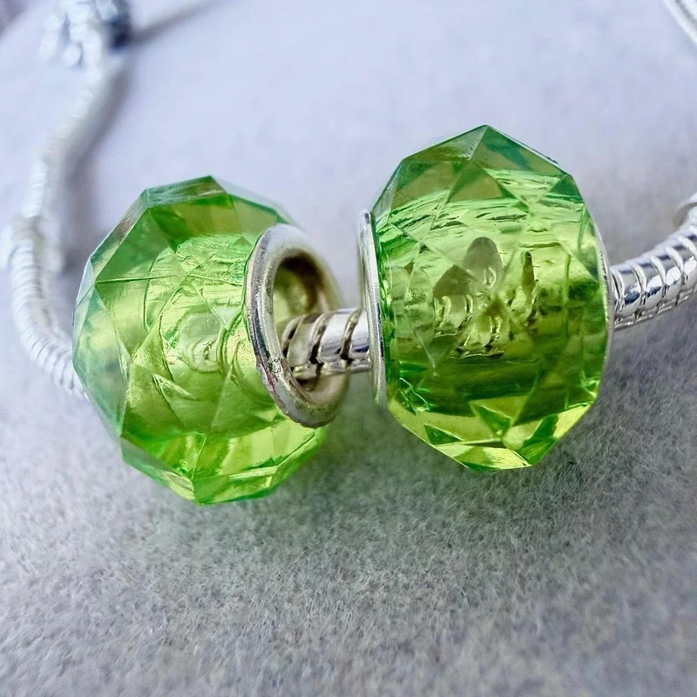 Set of 2 Faceted Lime Green Glass Charm Beads fits PANDORA